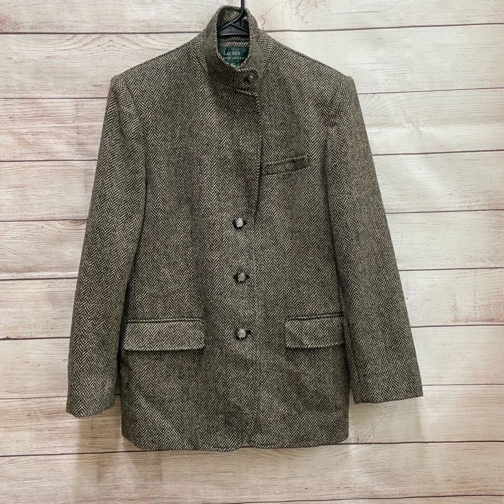 VINTAGE LAUREN RALPH LAUREN TWEED EQUESTRIAN 100% WOOL BLAZER IN HERRINGBONE - Picture 4 of 9